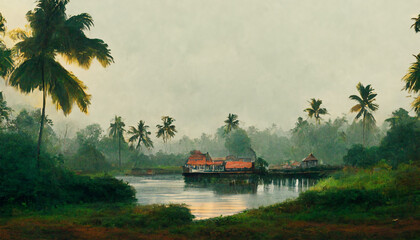 Kerala boat house palm trees landscape grass sky