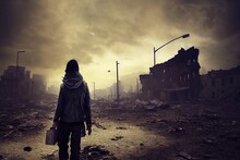A Stalker Survivor In Protective Clothing And An Old Gas Mask Against The Apocalyptic Backdrop Of A Destroyed City. Survivor Of Nuclear War. 3d Rendering