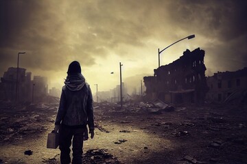 a stalker survivor in protective clothing and an old gas mask against the apocalyptic backdrop of a 