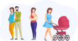 Happy couple expecting baby, mom breastfeeding newborn and walking with pram. Baby birth, happy family concept. Pregnancy, maternity and parenthood set