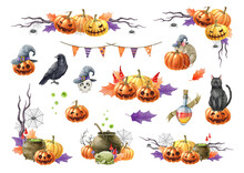 Halloween Decor Element Watercolor Illustration Set. Hand Drawn Festive Halloween Collection. Pumpkin Scary Faces Decor, Black Cat, Raven, Witchcraft, Garland Illustration. White Background