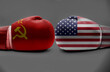 United States of America against USSR boxing gloves, USA vs. USSR concept half flags together