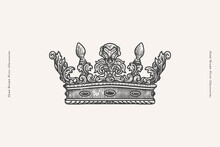 Graceful Crown In Engraving Style. The Symbol Of The Medieval King On A Light Isolated Background. Vintage Vector Illustration.