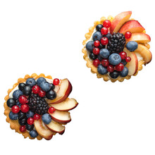 Short-pastry Sweet Baked Homemade Tartlets Dessert With Fresh Ripe Berries And Fruits. Flat Lay. Isolated Background