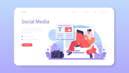 Wall Mural - blogger web banner or landing page. character sharing media content