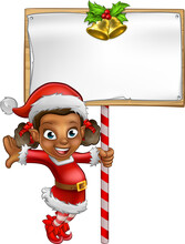 Cartoon Girl Christmas Elf Holding Sign