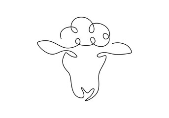 Wall Mural - One continuous single line hand drawn of goat sheep head isolated on white background.