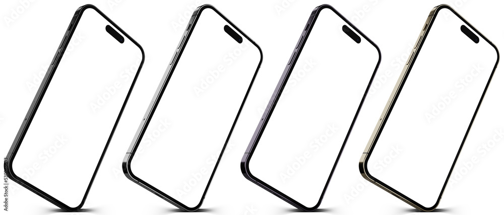 iPhone 14 Pro with blank transparent screen and background, standing on corner, little transparent shadow included - PNG format, easy replacement of screen and background