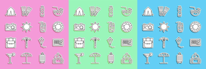 Poster - Set line Hiking backpack, Passport with visa stamp, Rubber swimming ring, Bottle of water, Sun, Photo camera, Tourist tent and Cocktail and alcohol drink icon. Vector