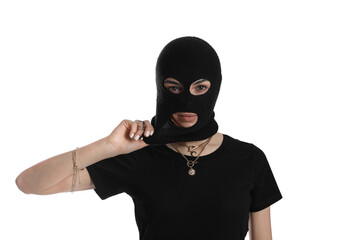 Woman wearing knitted balaclava on white background