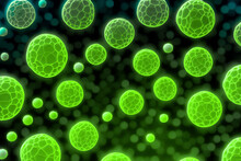 2D Illustration Of Green Bacteria Cells Float On Dark Background