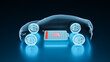 Electric Vehicle on low battery power, smart information EV charging station status display, futuristic design hybrid car energy level indicator UI interface 3d rendering