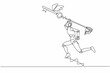 © Simple Line - Single continuous line drawing robot try to catching flying key with butterfly net. Find key to solve technology problems. Robotic artificial intelligence. One line graphic design vector illustration