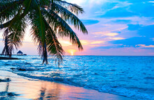 Picturesque Sunrise In The Maldives Island, The Sun Rising From The Indian Ocean And Reflected In The Water, Travel Concept, Palm Trees Hanging Over The Water