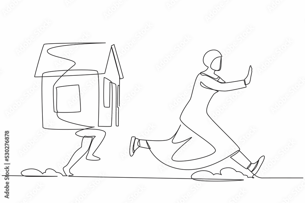 Single one line drawing fright Arab businesswoman being chased by house ...