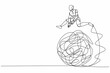 © Simple Line - Single one line drawing robot jumping over tangled scribble. Overcoming complexity of problem. Future technology development. Artificial intelligence. Continuous line draw design vector illustration