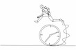 © Simple Line - Single continuous line drawing robot jumping over clock. Time management, scheduling. Work effectiveness. Robotic artificial intelligence. Technology industry. One line draw design vector illustration
