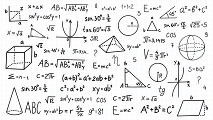 doodle math formulas. handwritten mathematical equations, schemes on notebook squared paper. algebra