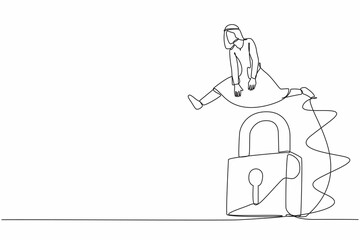 Wall Mural - Single continuous line drawing Arab businessman jumping over big lock. Unlock business opportunity secret. Solve business problem, professional solutions. One line graphic design vector illustration