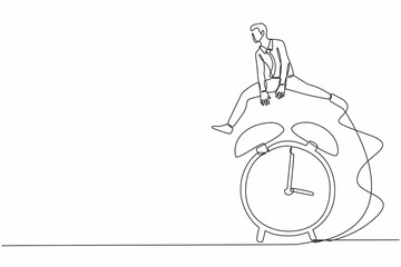 Wall Mural - single continuous line drawing smart and happy businessman jump over time passing alarm clock. busin