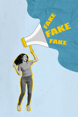 Sticker - Creative collage banner template of lady spreading fake information with bullhorn isolated on blue color background