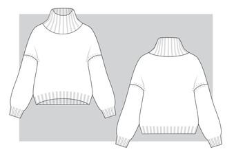 Wall Mural - Short and wide sweater with a turtle neck and a large knit. Technical scketch.