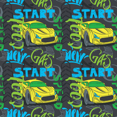 Wall Mural - Abstract seamless cars pattern for boy on background. Childish style wheel auto repeated backdrop