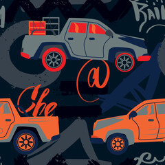 Wall Mural - Abstract seamless cars pattern for boy on background. Childish style wheel auto repeated backdrop