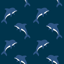 Cute Cartoon Dolphin Vector Pattern On A Dark Blue Background. Cartoon Marine Seamless Pattern