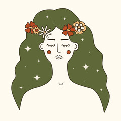 Vintage bohemian illustration of forest witch with long green hair and floral diadem. 60s and 70s vibes psychedelic vector clipart. Meditating pagan woman. Abstract trippy art. Symbol of nature