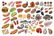 Food vector sea food fast street. Unhealthy food. Fries, pastries, hot dog, bacon, meat, french fries