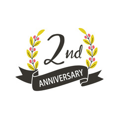 2nd anniversary, logo design template with black ribbon and laurel wreath
