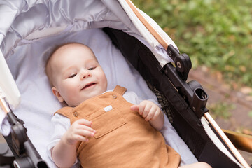 Poster - Photo of charming funny little son dressed casual clothes walking stroller enjoying summer weather outdoors backyard