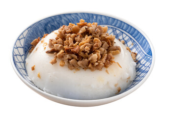 Taiwanese savory rice pudding Wa gui with chopped dried radish and soy sauce isolated on white background.