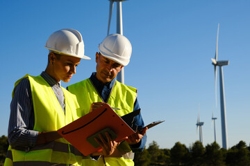 close up view of two engineers working together in a wind turbine farm.