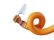 © NeoLeo - 3d render, cartoon long elastic spiral human hand holds trowel. Professional bricklayer with building tool. Construction worker clip art isolated on transparent background
