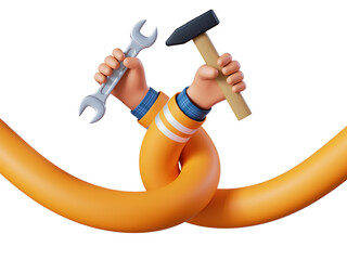 Wall Mural - 3d render, cartoon human hands hold hammer and spanner wrench. Professional carpenter or woodworker with building tool. Construction icon. Renovation service clip art