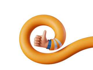 3d render, flexible spiral cartoon human hand shows thumb up. Like gesture clip art isolated on transparent background