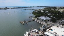 Aerial Drone Flight Over The Fishing Boats That Provide Local Restaurants On Islands Of Anna Maria, Siesta Key, And Longboat Key With Fresh Catch