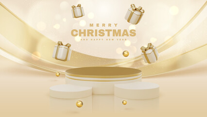 Wall Mural - Product display podium with gift box decorations with golden ball and glitter light effect and bokeh elements. Merry christmas background and happy new year day concept.