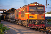 Tanker-freight Train By Diesel Locomotive On The Railway.