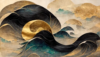 Sticker - Traditional Japanese background with waves and flower texture. Oriental natural watercolor wave pattern in vintage style, suitable for banner, wallpaper or postcards. 3D illustration