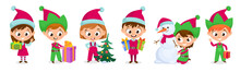 Christmas Set Of Cute Kid Characters In Santa And Elves Costumes. Collection Of Children In Santa Hats, Red Stockings With Gift Boxes, A Decorated Tree And A Snowman. Cartoon-style Vector Illustration