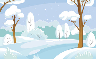 Beautiful winter park background while snowing. Trees on Christmas under snow in a forest. A cold season in nature, landscape banner. Holidays outside of a city. Cartoon style vector illustration.