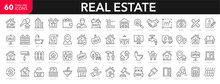 Real Estate Line Icons Set. Real Estate Outline Icons Collection. Purchase And Sale Of Housing, Rental Of Premises, Insurance, Realty, Property, Mortgage, Home Loan - Stock Vector.