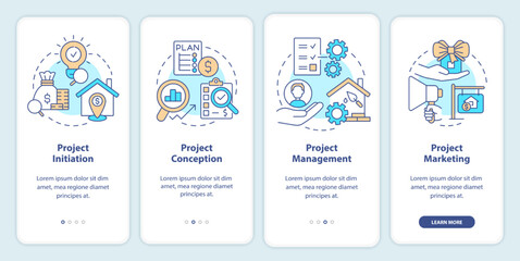 Developing real estate projects onboarding mobile app screen. Walkthrough 4 steps editable graphic instructions with linear concepts. UI, UX, GUI template. Myriad Pro-Bold, Regular fonts used