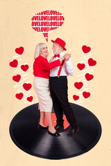 Poster - Vertical collage image of two aged people hold hands dancing big vinyl record speak love isolated on creative background