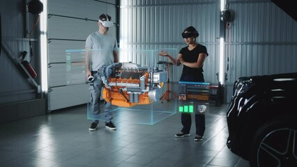 Wall Mural - two service manager engineers use virtual reality technology to diagnose an eco-friendly car engine 