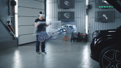Wall Mural - an automotive maintenance engineer conducts a review of an internal combustion engine. the manager r
