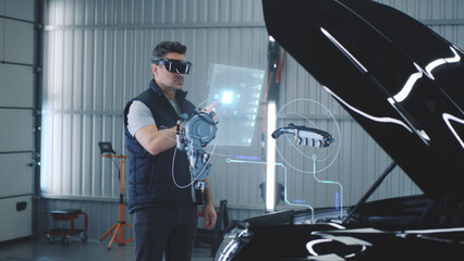 Wall Mural - car service manager conducts car diagnostics using holographic hud interfaces and vr headset. the sp